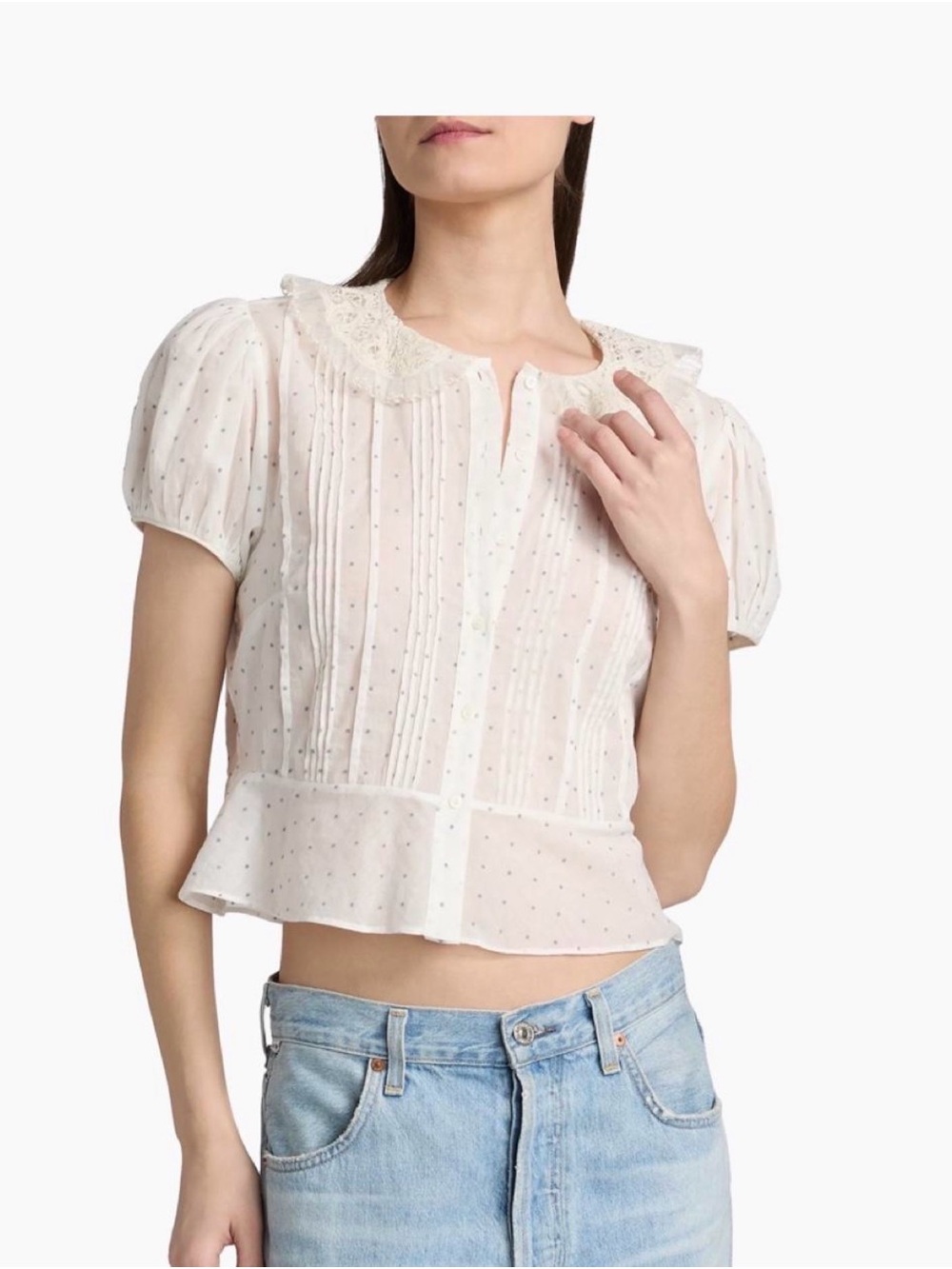 Doen Ivory Swiss Dot Lace-Collar Peplum Blouse